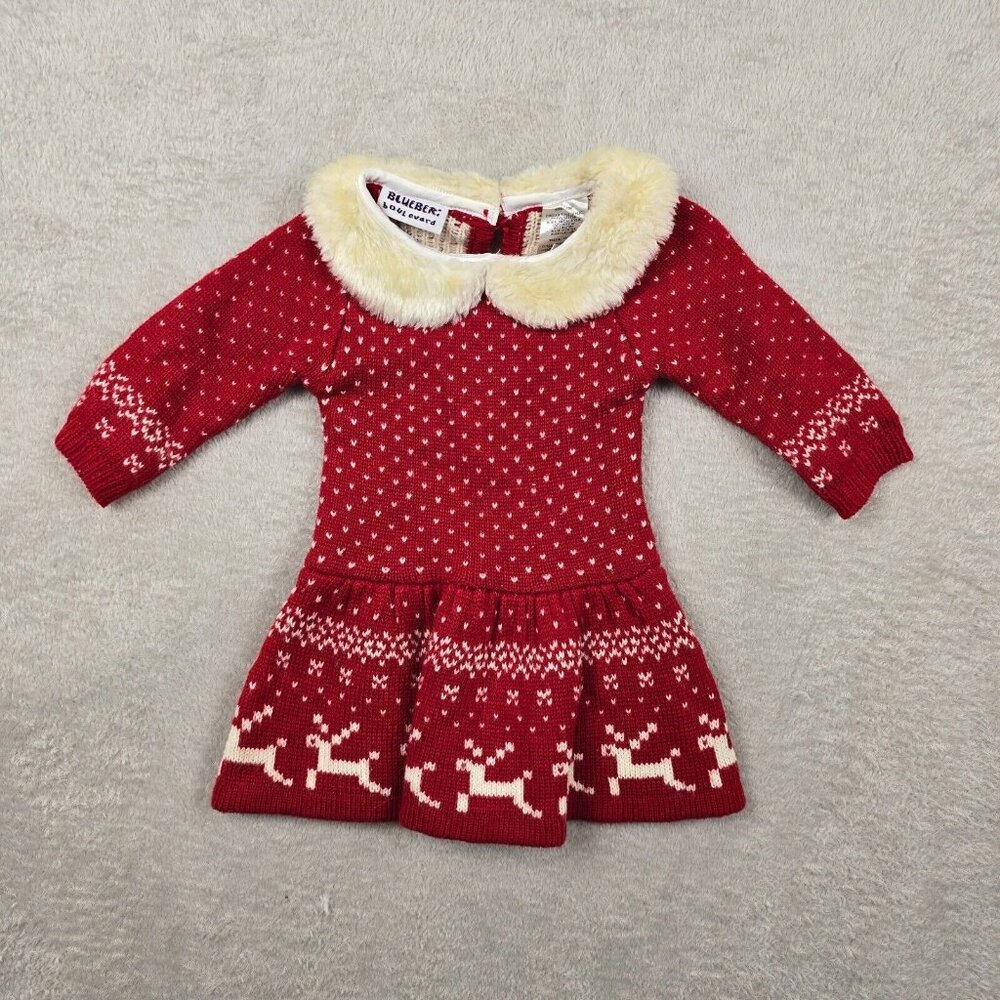 Blueberi Boulevard Sweater Dress Red Reindeer Christmas 12 Month Faux Fur Collar